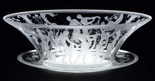 Orrefors engraved bowl with plate. Signed S Gate Orrefors. L: 38cm/15" and H: 11