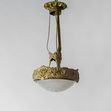 Ladda upp bild till gallerivisning, Jugendtaklampa i guldpatinerad brons från Böhlmarks, 1910-tal. 70cm hög och diam. 35cm. An art nouveau ceiling light in bronze. Made by Böhlmarks around 1910. H: 70cm/27,6″ and diam. 35cm/13,8″
