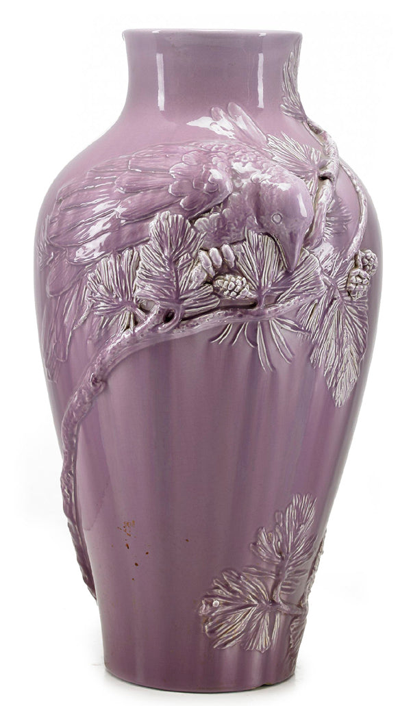 An art nouveau floor vase by RÃ¶rstrand with birds in relief. H: 74cm/29
