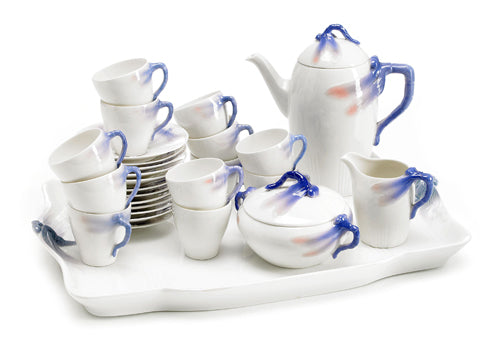 Dragonfly coffee set in underglazed porcelain by RÃ¶rstrand. 16 pieces including very rare tray.