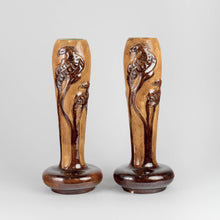 Load image into Gallery viewer, Vaser jugend, av Karl Holst för Höganäs. 29 cm höga, nagg. Signerade Höganäs KH. 1975 kr/st. Art Nouveau vases by Karl Holst for Höganäs. H: 29cm/11,4&quot;, chip. Signed Höganäs KH. SEK 1975/each
