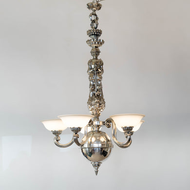 Taklampa i vitmetall, av Per Torndahl för Atelier Torndahl med motivet S:t Göran och draken, 1920-tal. H: 115cm och diam. 70cm. Per Torndahl ceiling light 