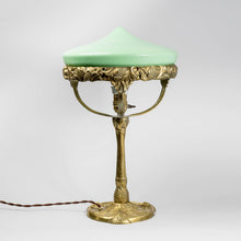 Load image into Gallery viewer, Jugendbordslampa i patinerad brons från Böhlmarks, 1910-tal. 46cm hög och diam. 30cm. An art nouveau table lamp in bronze. Made by Böhlmarks around 1910. H: 46cm/18,1″ and diam. 30cm/11,8″
